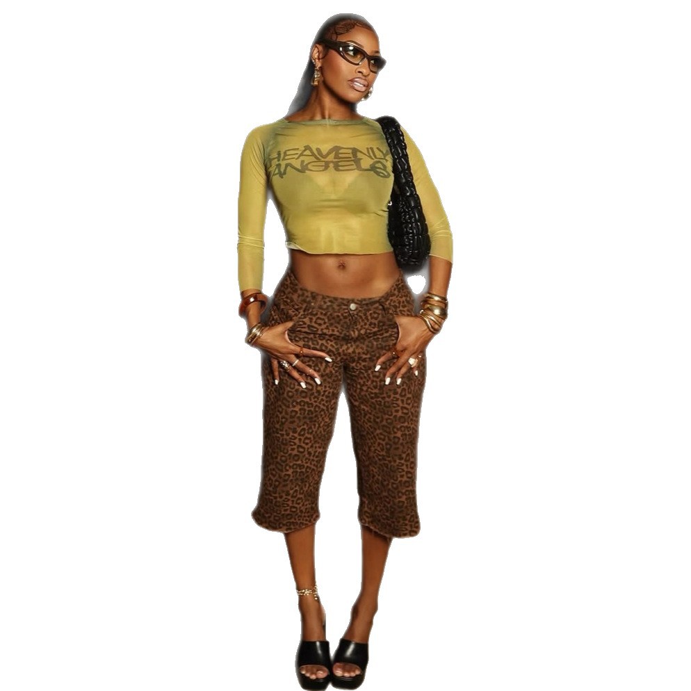 Women's Sexy Sweet-and-Spicy Style Sheer Printed Bodycon Long-Sleeve Seamless Top