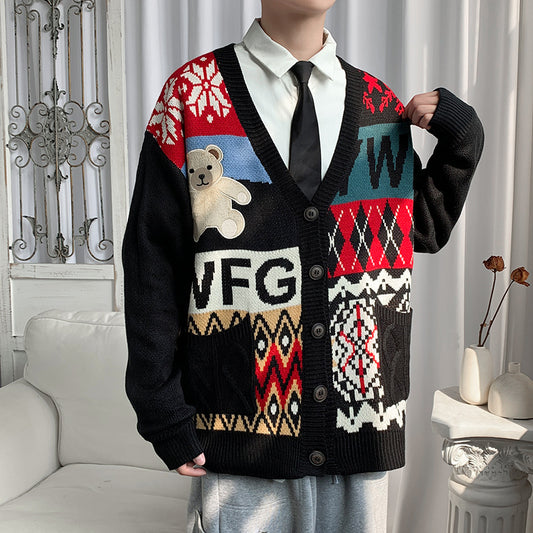 Cardigan V-hals Sweater Mænd Og Kvinder Jacquard Bjørn Par