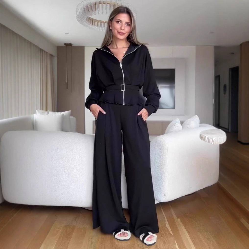 Casual Style Simple Fashion Graceful Stand Collar Zipper Jacket Pants Suit