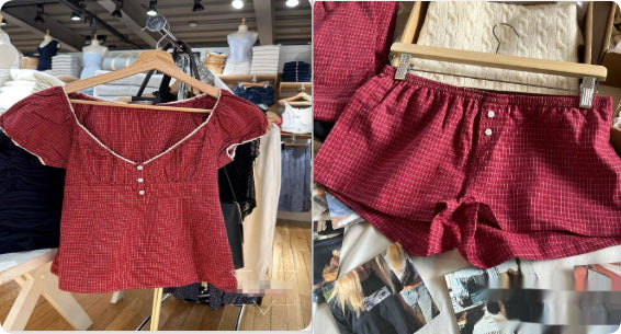 Kvinders Tre-knaps Blondekrave Røde Ternede Kortærmede Top