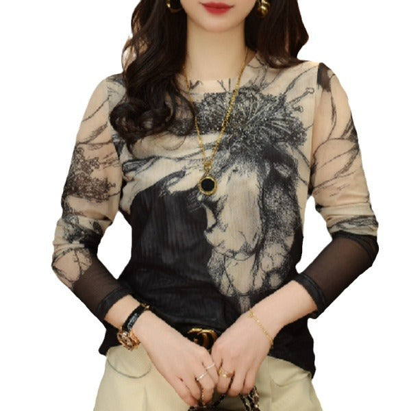 Drop-shipping Stylish Long-sleeve Sheer Fabric Top With A Chic Print
