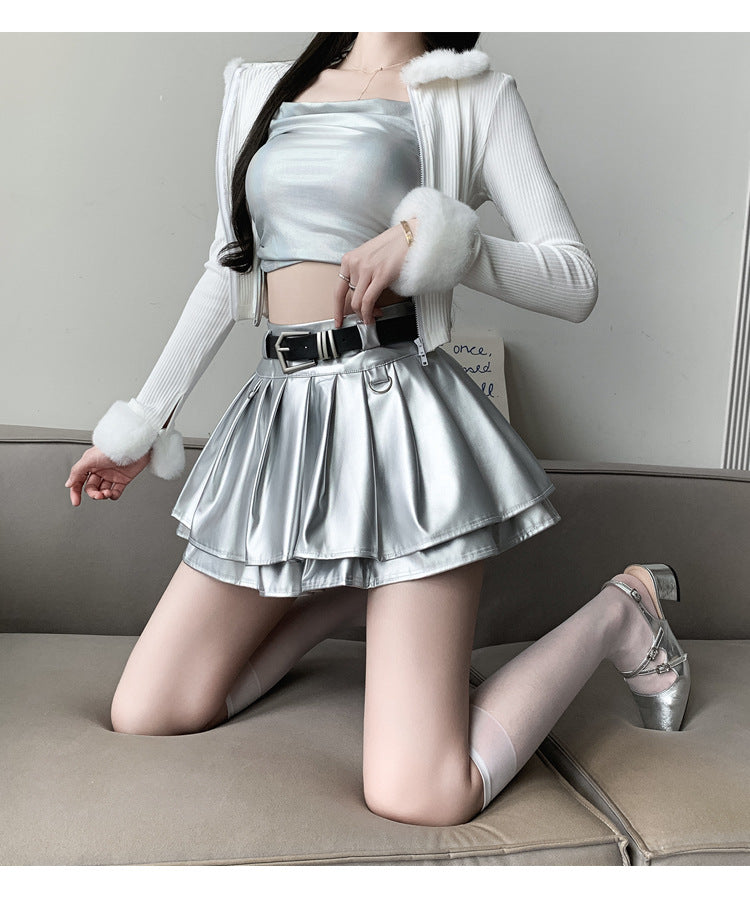Silver Pleated Skirt For Women Early Slightly Elastic