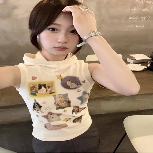 Cute Retro Kitten And Puppy Thick Knit Comfortable Hooded Vest