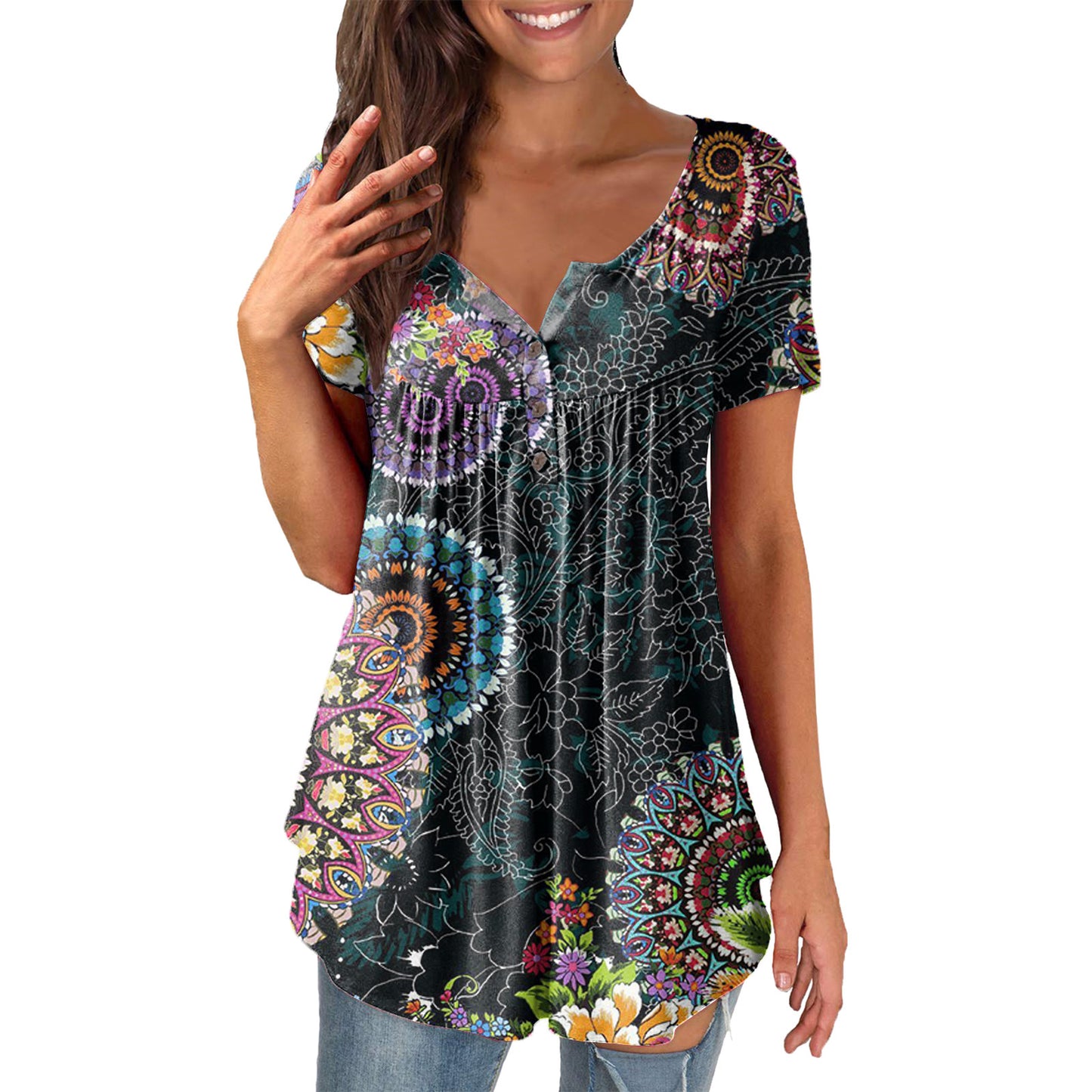 Ladies' Printed Ruffled Pullover Short Sleeve