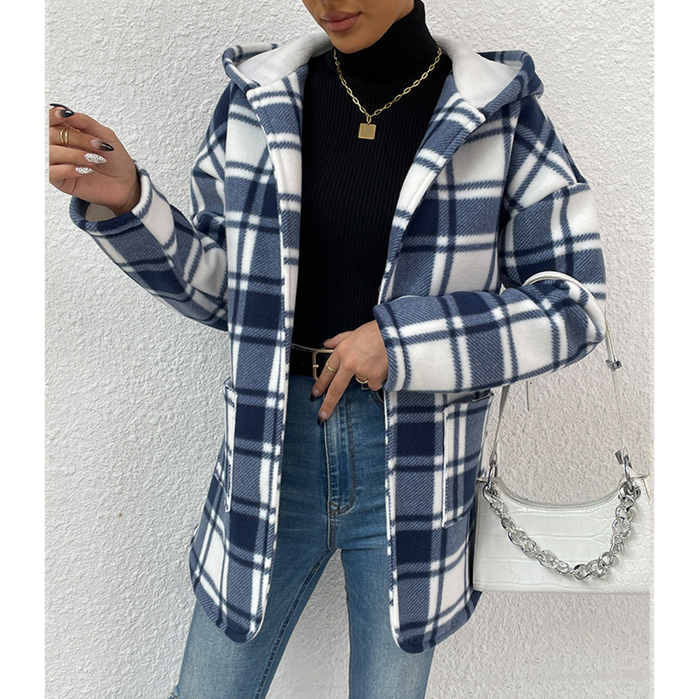 Women's Long Sleeve Hooded Plaid Cardigan Mid-length Blazer