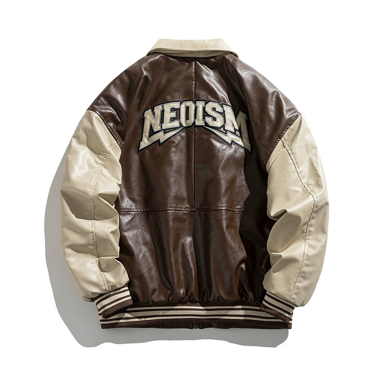 American-style Retro Street Letters Embroidered PU Leather Cotton Jacket For Men