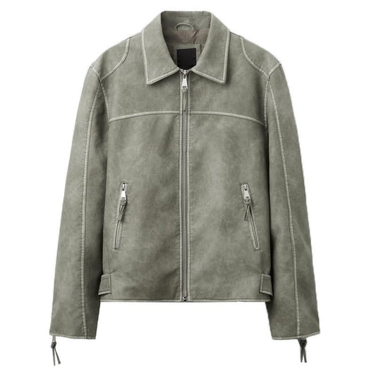 New Men's Zipper Distressed Retro Washed Imitation Leather Jacket Coat