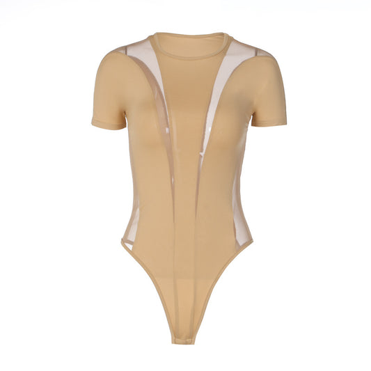Mesh Stitching Body Shaping Round Neck Short Sleeve Rompers