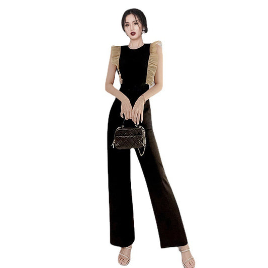 Women's High Waist Slim Wood Ear Stitching Wide Leg Pants