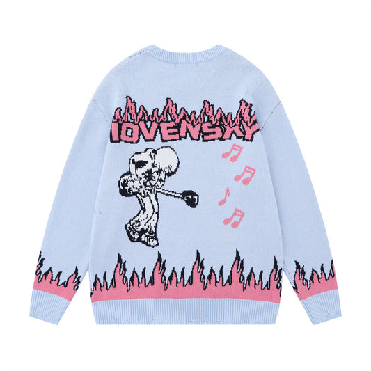 European And American Rock Anime Flame Jacquard Round Neck Sweater