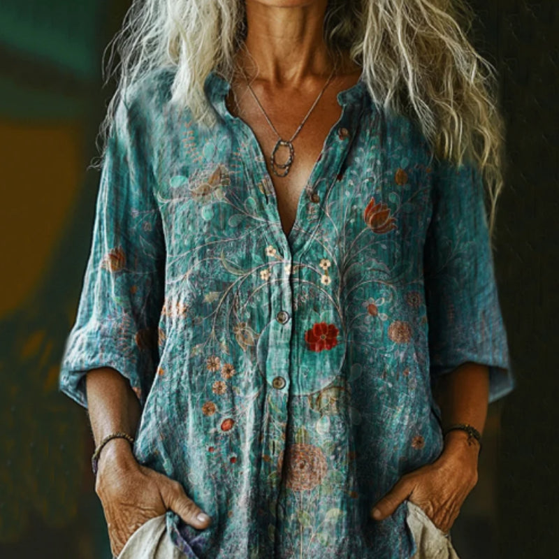 Women's Vintage Floral Print Casual Cotton And Linen Shirt