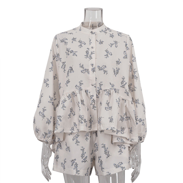 Small High-neck Ruffled Puff Top And Printed Shorts Set