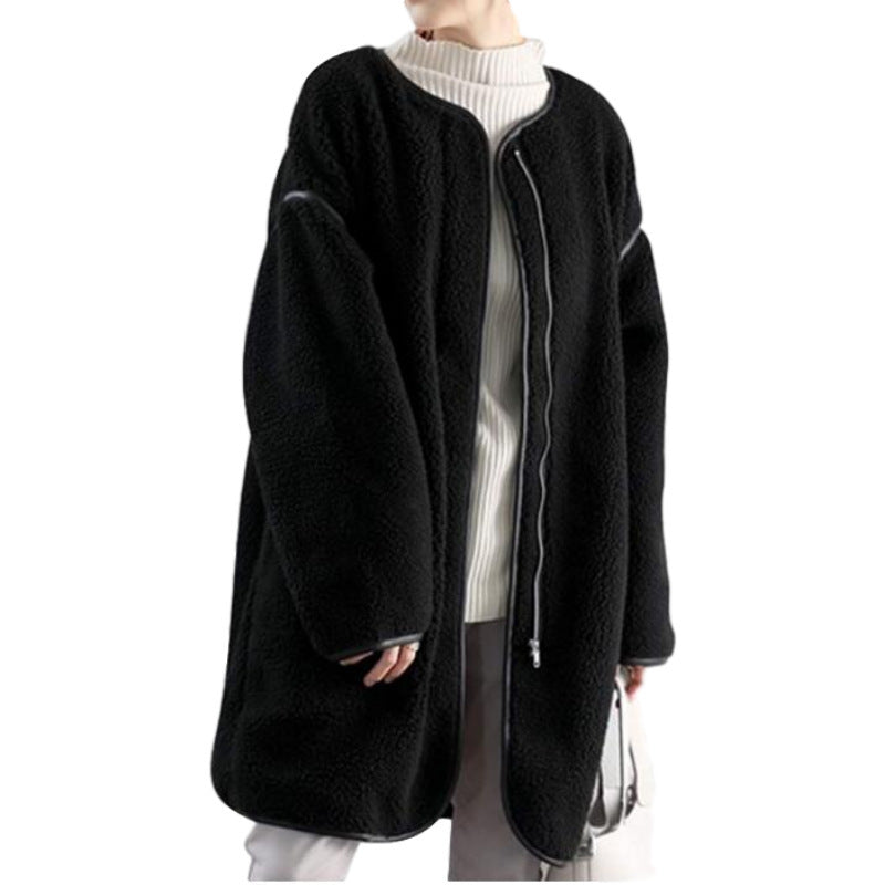Pure Color Stitching Long-sleeved Round Neck Zipper Plush Jacket