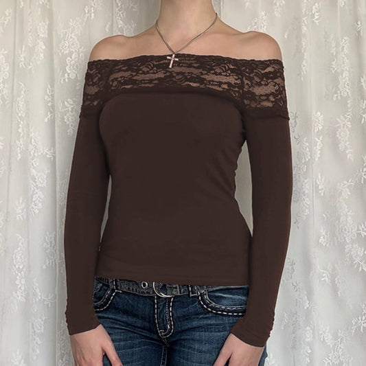 Sexy Off-the-Shoulder Lace-Panel Long-Sleeve Top