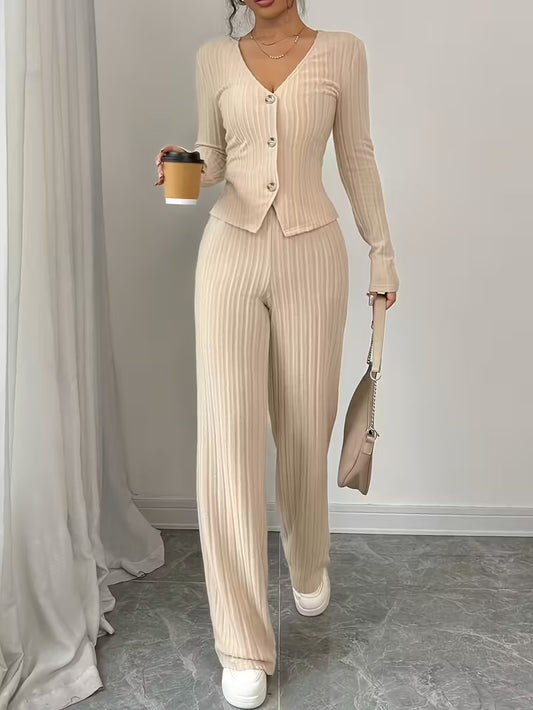 Casual Chic Ribbed Long Sleeve Wide Leg Pants Set