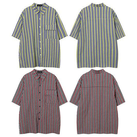 American Vintage Plaid Color Blocking Print Short-sleeved Shirt Men
