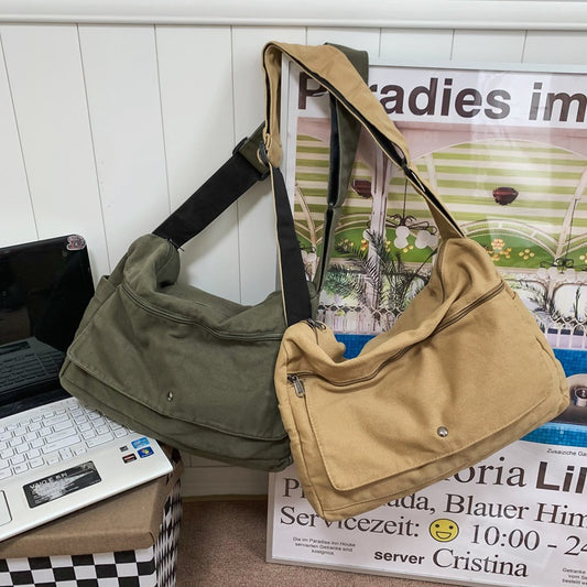 Washed Canvas Draping Women's Artistic Casual Crossbody Bag