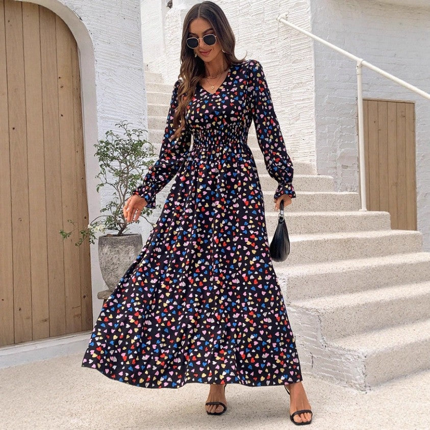 New Floral-print V-neck Long-sleeve Swing Maxi Dress
