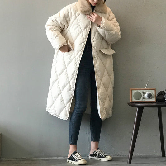 Mid-length Women's Fur Collar Rhombus Quilted Jacket