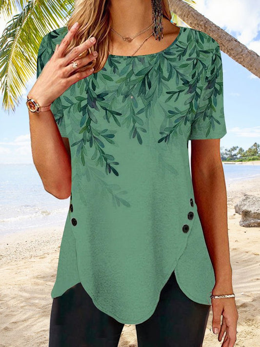 Placed Print Buttons Irregular Hem Crew Neck Short Sleeves