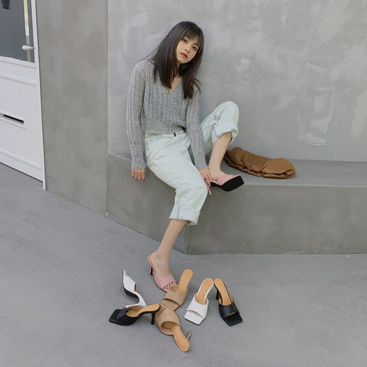 Catwalk Blogger Simple High-heeled Slippers Fashion Square Head