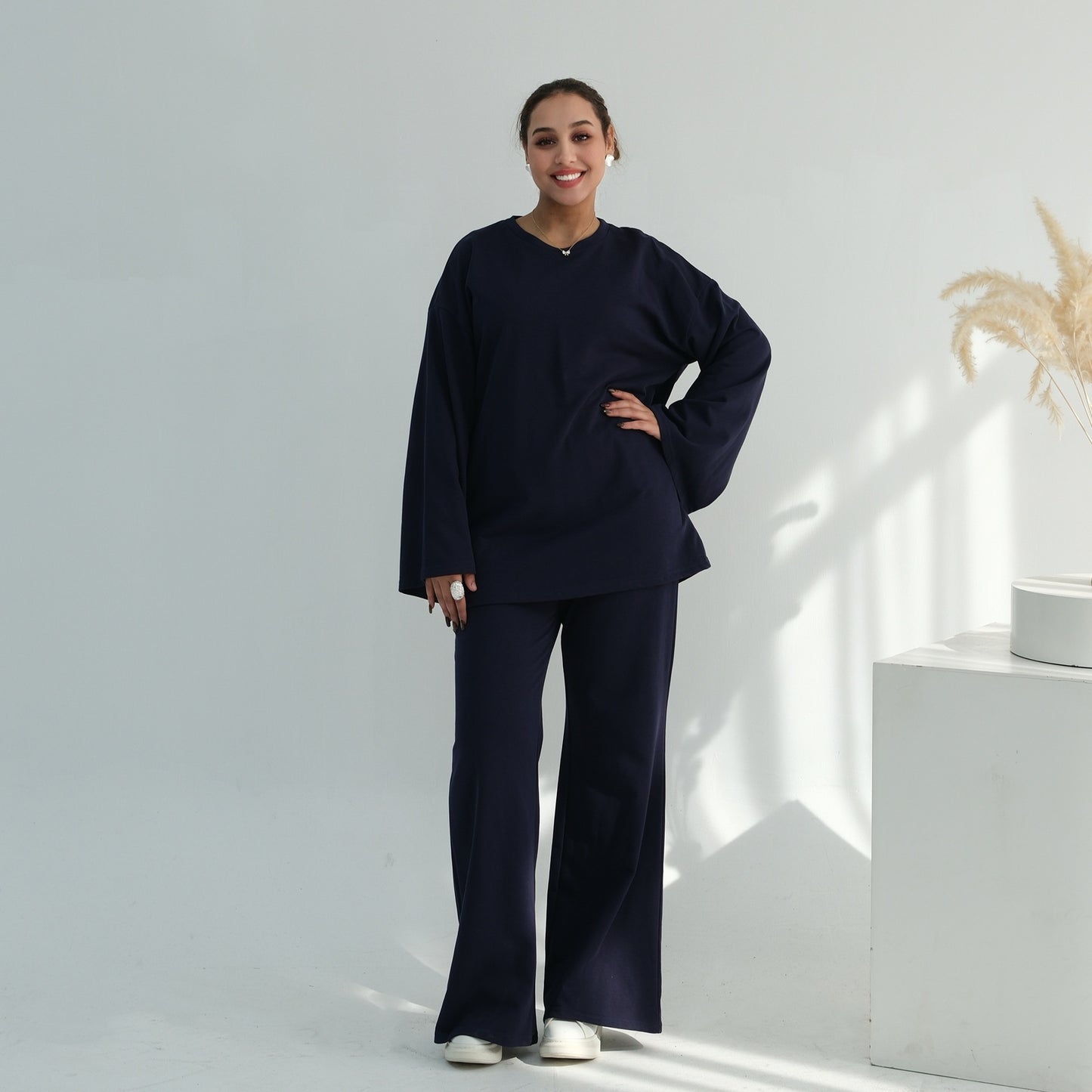 Middle Eastern-style Minimalist And Elegant Long-sleeve Wide-leg Pants Set