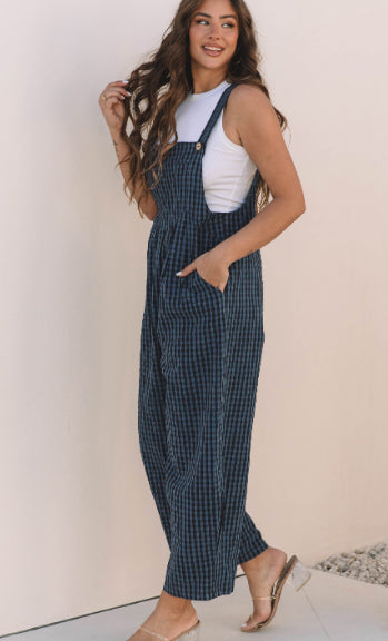 Sail Blue Plaid Print Buttoned Pocketed High Waist Overall