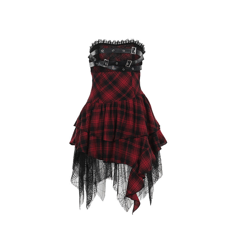Chic Sophisticated Red Plaid Tube Dress With A Sensual High-end Vibe