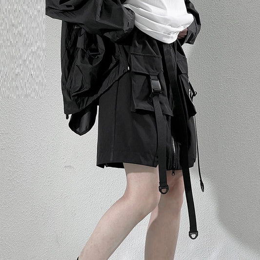 Summer New Mechanical Style Ribbon Short Pantskirt Men And Women Loose Casual With Big Pockets