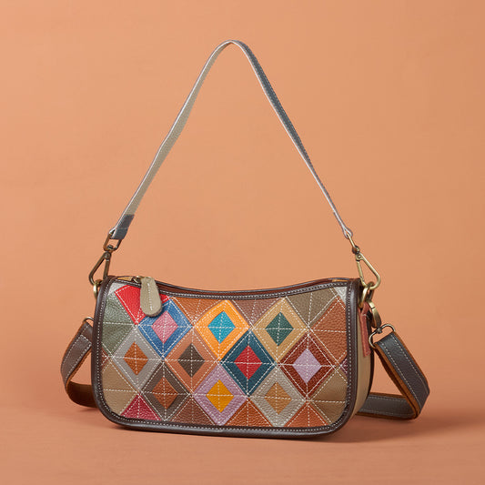Niche-design Cowhide Leather Bag Underarm Bag Color-block Vintage Shoulder Bag Mini Bag
