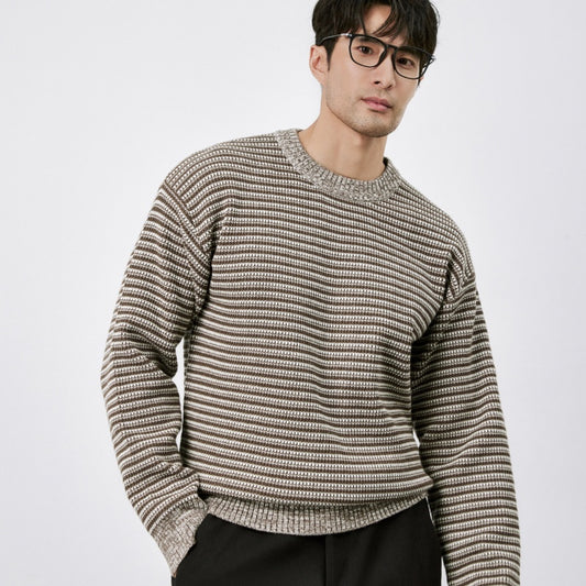Mens Winter Warm Striped Crew-Neck Sweater