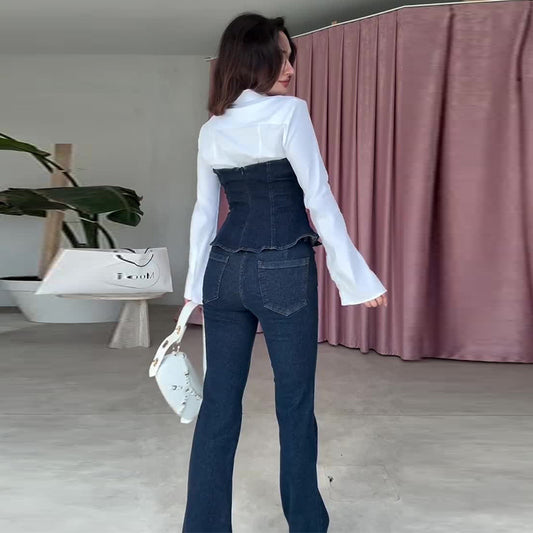 New Womens Navy Blue Off-Shoulder Denim Slimming Pants Two-Piece Set