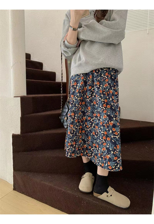 Women's Floral Skirt Autumn And Winter Lazy Style High Waist Elastic