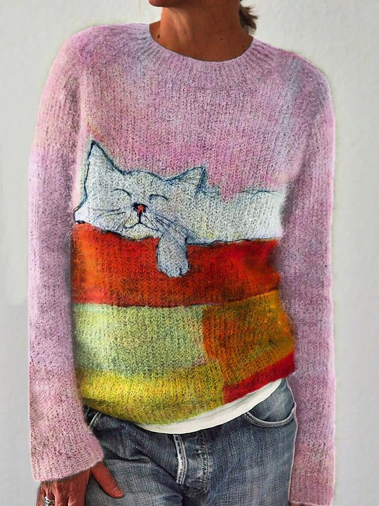 New AutumnWinter Abstract Cat-Print Drop-Shoulder Sweater