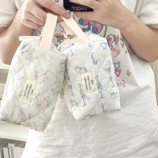 Navy Floral Clutch Cosmetic Bag Korean Style Cute Girl Heart Kitty Storage Bag Sewing Thread Cotton Bag