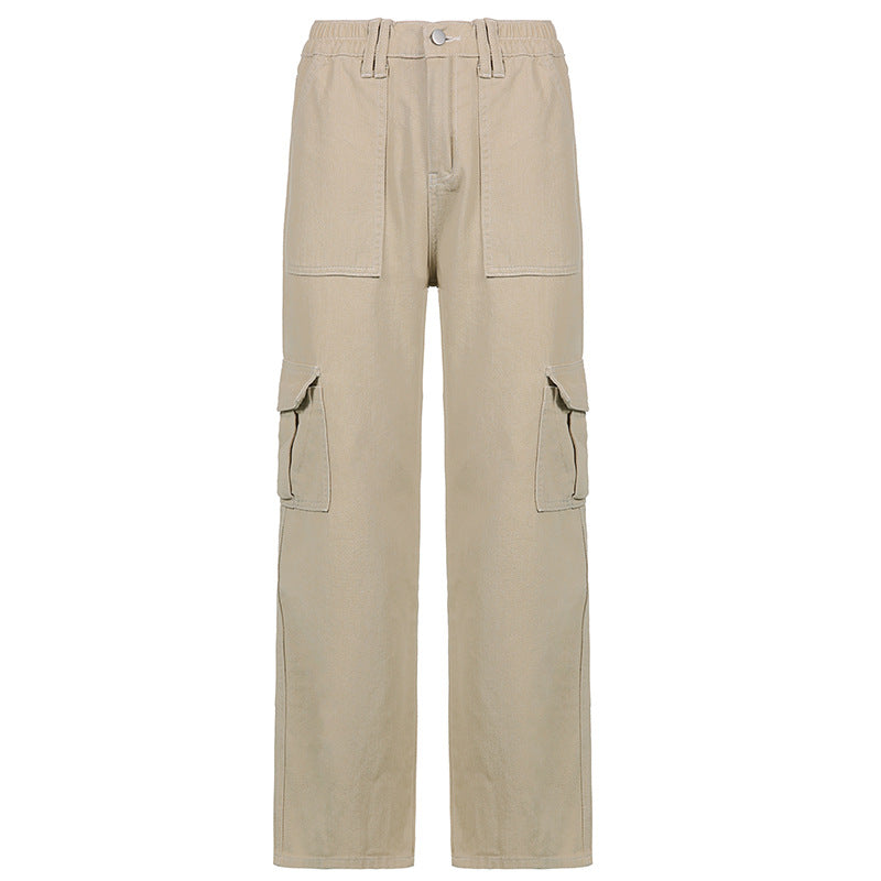 Mode Multi-lomme Syede Jeans Ensfarvet