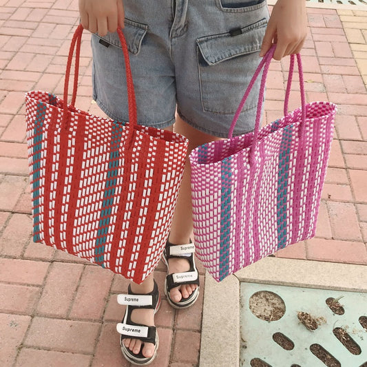 Plastic Hand Braided Stripe Shopping Shoulder Bag