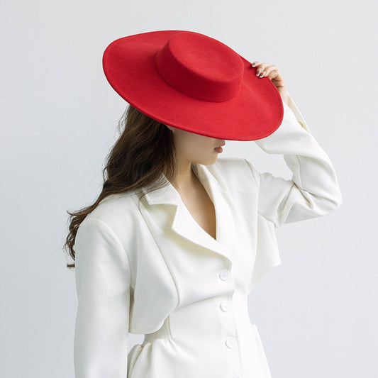 Retro Light Flat Top Big Brim Woolen Bowler Hat