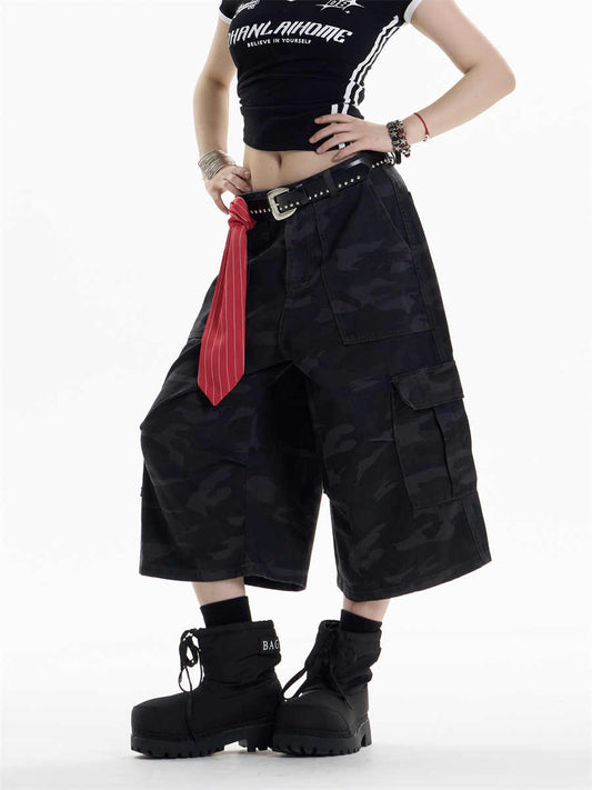 Women's Multi-pocket Camouflage Workwear Cropped Pants Straight Shorts