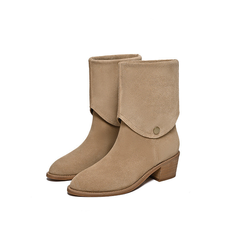 Matte Cowhide Western Denim Pointed-toe Short Tube Boots Fashion Boots Pile Style Boots All-matching
