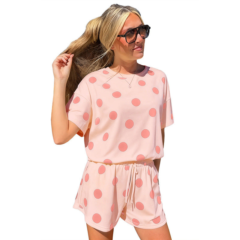 Loose-fitting Short-Sleeve Two-Piece Set For Women Polka-Dot Printed Casual