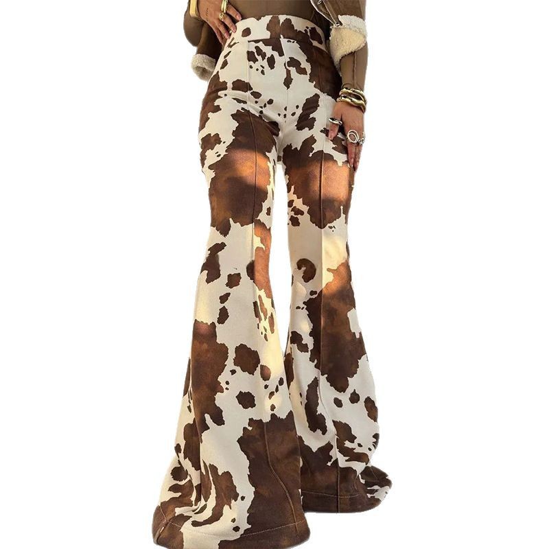 Brown Cow Print Bell-bottom Slim-fit Hottie Sexy Wide-leg Pants
