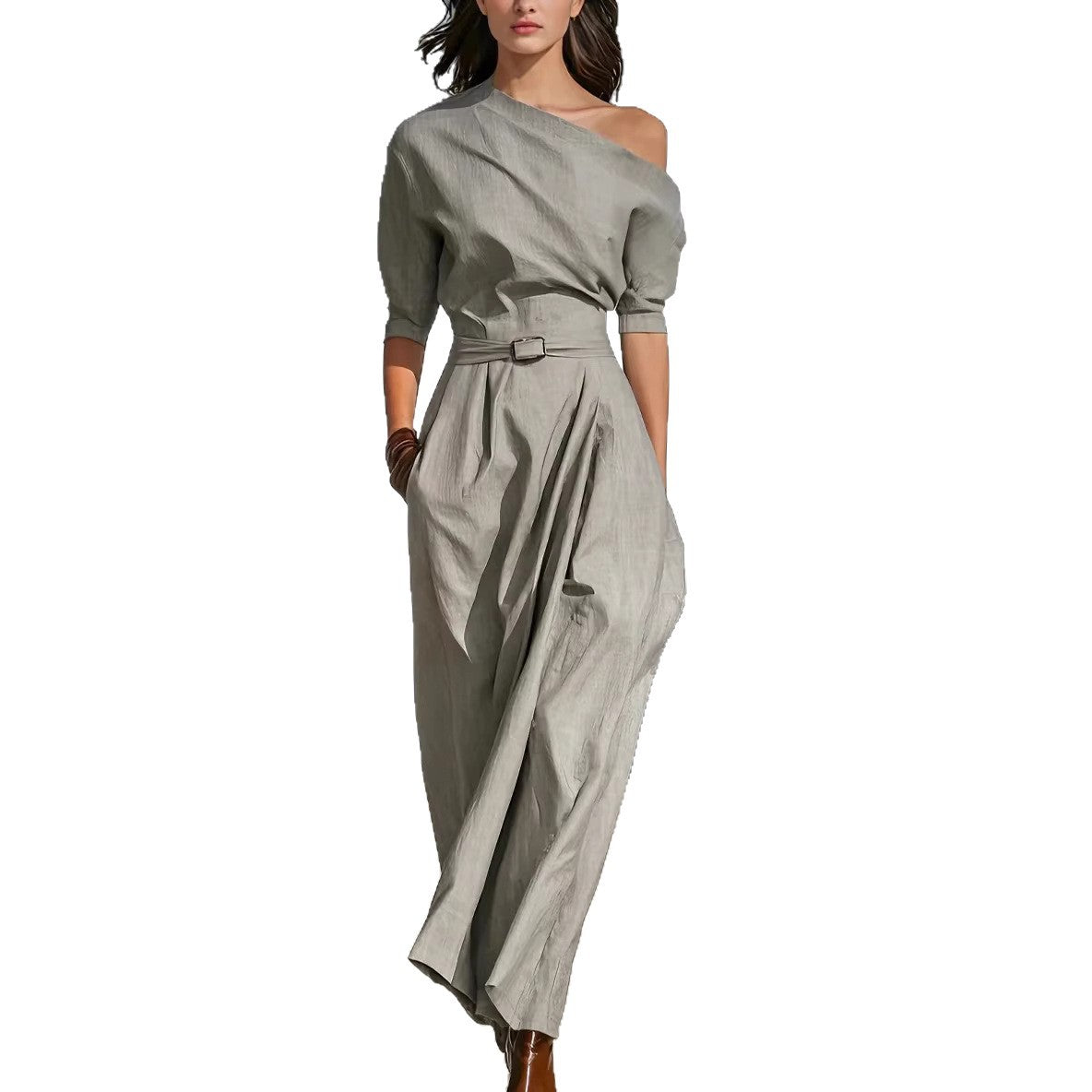 Slanted Shoulder Waist Long Dress