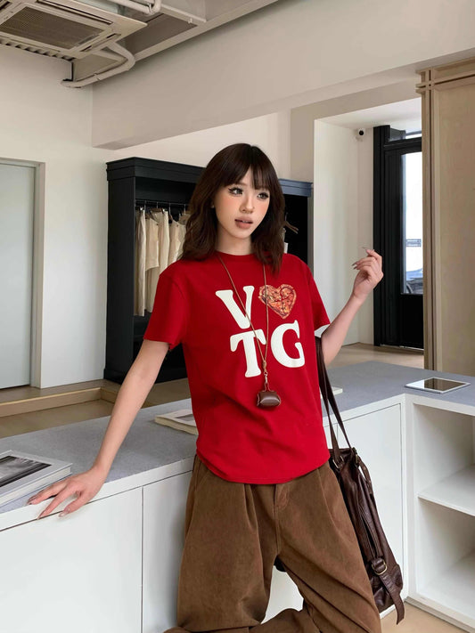 Women's Loose Retro Love Letter Print Short-sleeve T-shirt