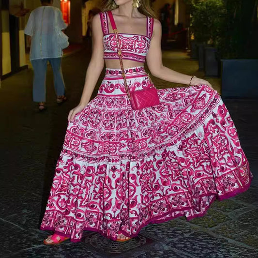 Printed Slim-fit Sexy Two-piece Sling Dress