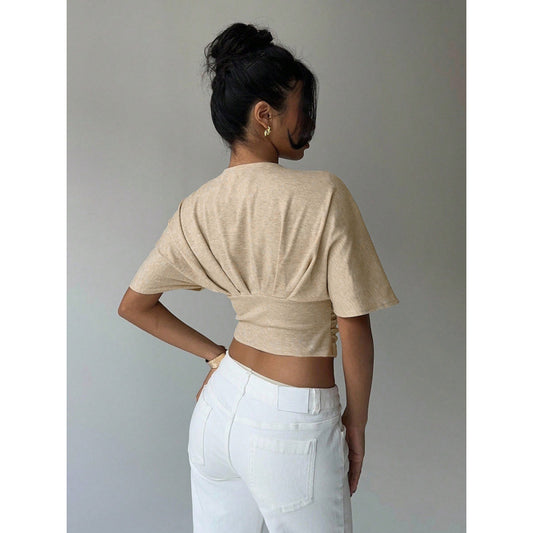 Womens Light Gray V-Neck Knotted Short-Sleeve Top