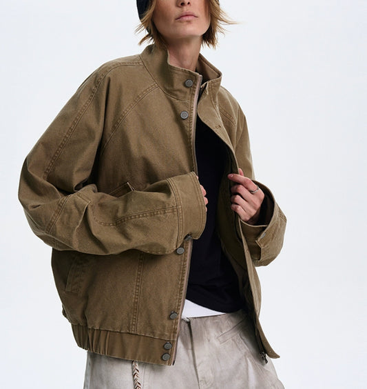 American Barn Style Color Block Leather Collared Jacket