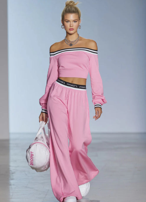Sporty Style Boat Neck Long Sleeved Top And Wide Leg Pants Set