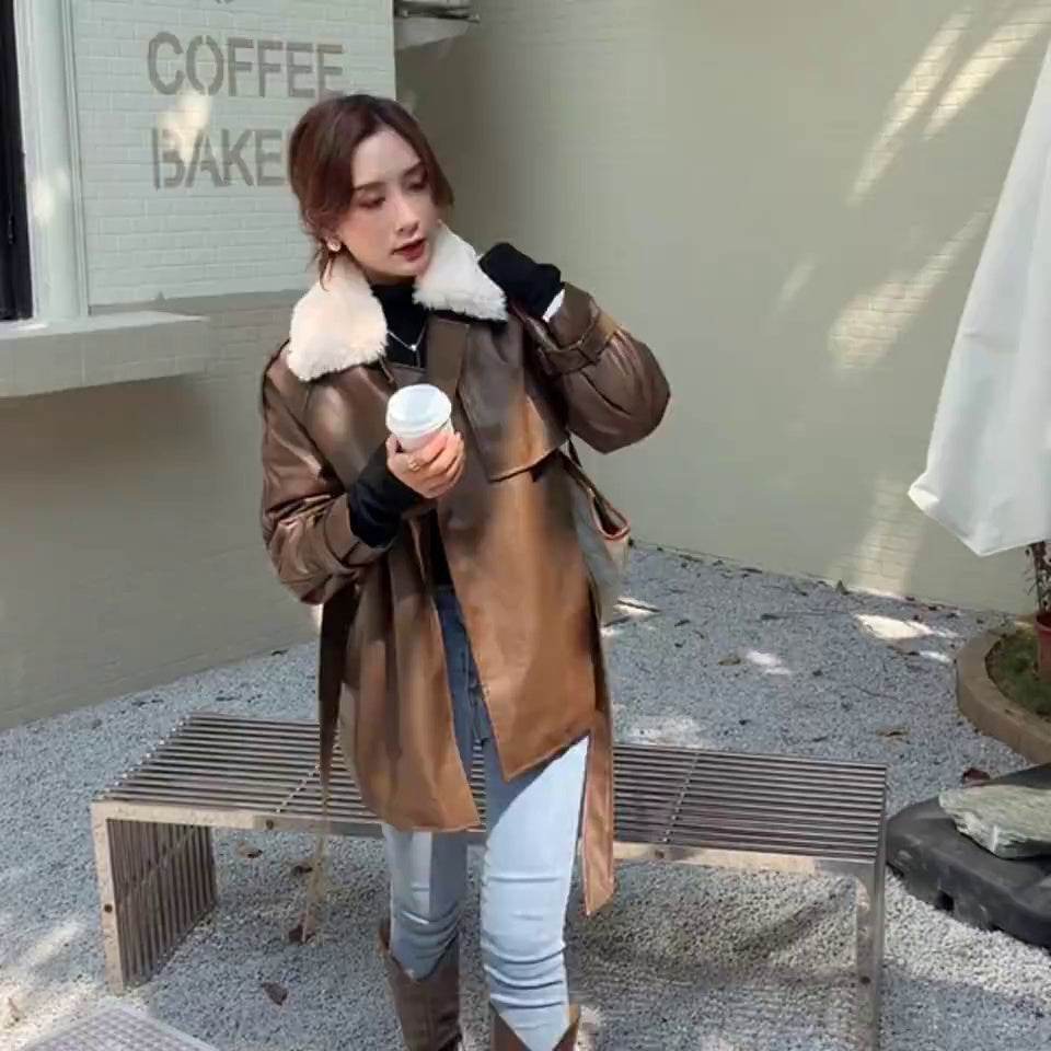 Coffee Colored Leather Coat Women's Plush Thickened Medium Long Style
