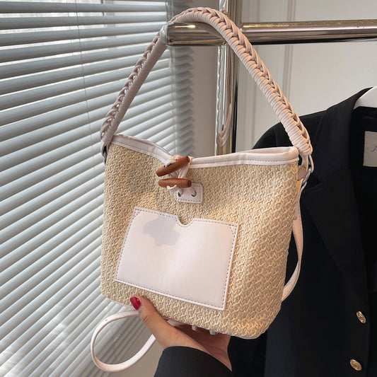 Versatile One-shoulder Bucket Woven Straw Bag